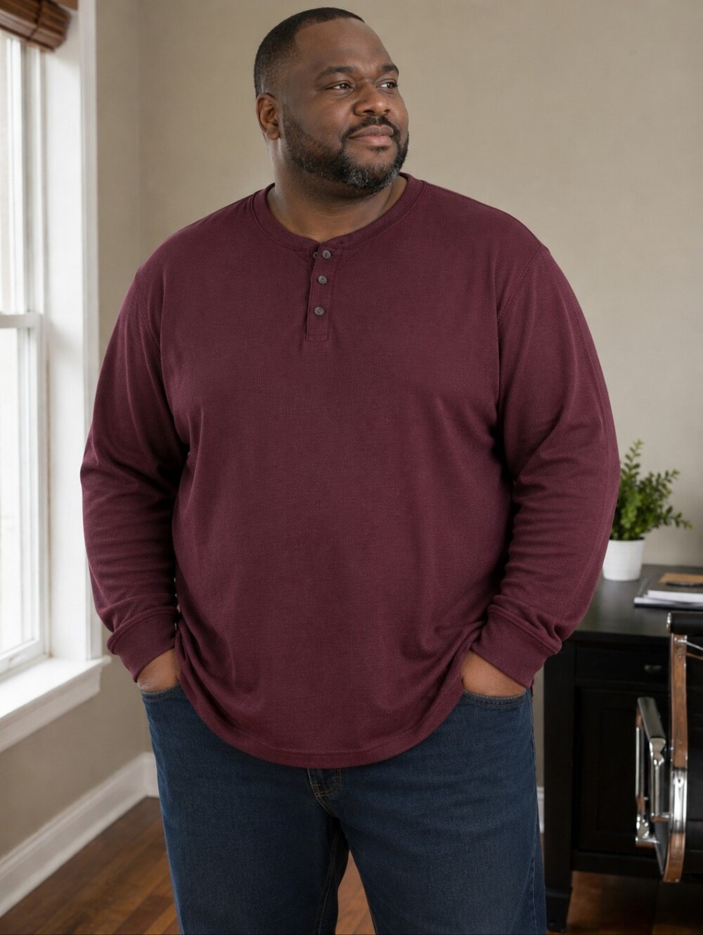 NWT Eddie Bauer Men's 3XB Waffle Knit Thermal Henley Shirt - Burgundy (Blkcherry